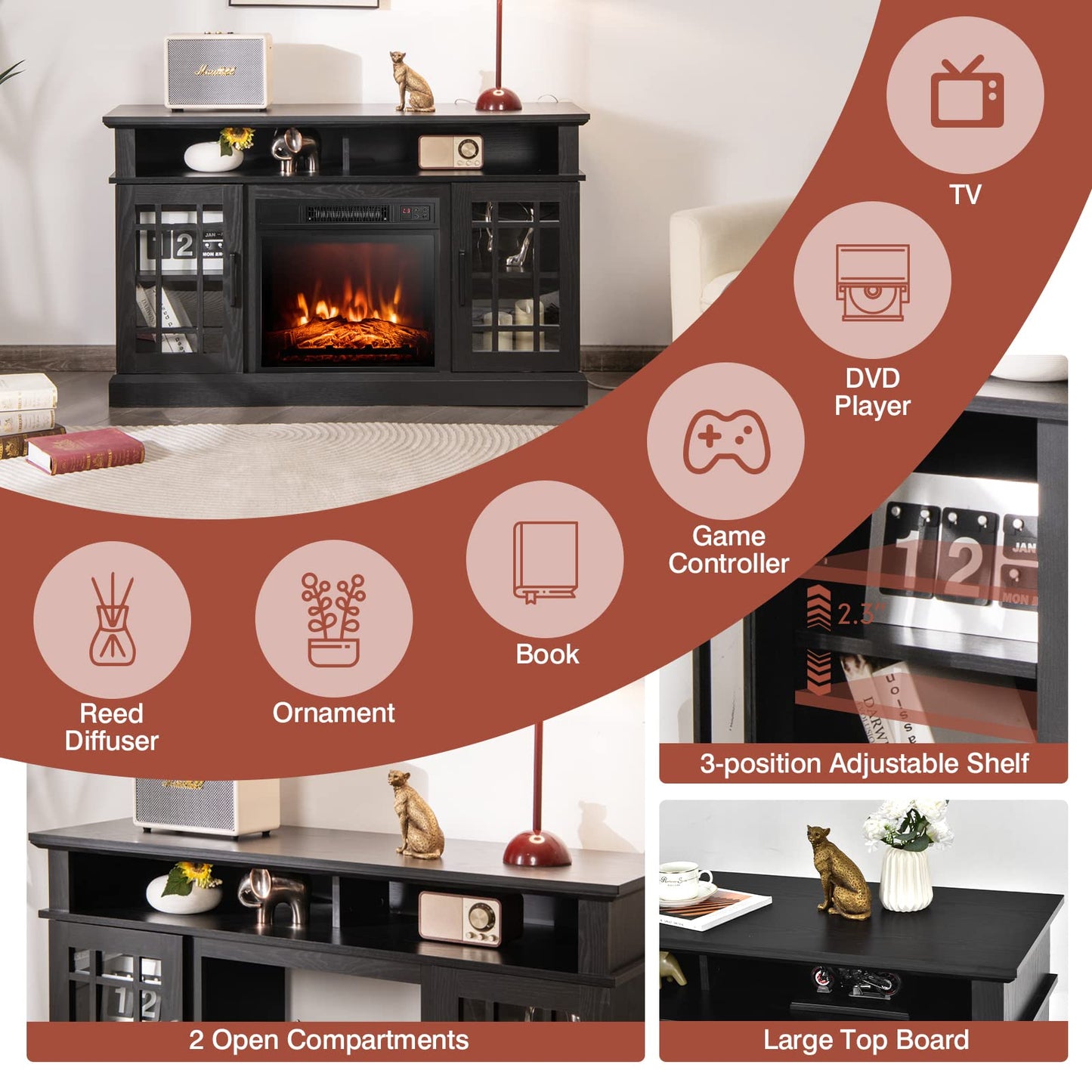 48cm Fireplace TV Stand with LED Lights Entertainment Center for 65 Inch TV