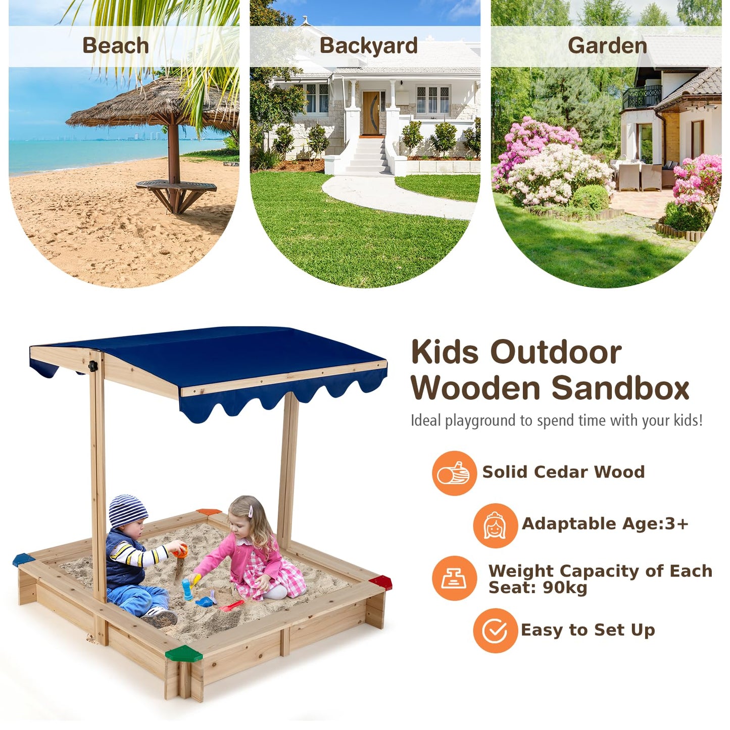 Wooden Kids Sandbox with Height-Adjustable Canopy and Protective Corners
