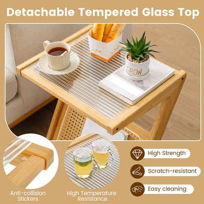 Bamboo Accent Bedside Table with Tempered Glass Top