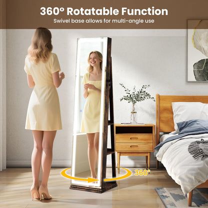 360° Swivel Jewelry Cabinet Freestanding Jewelry Storage Organizer with Lighted Full Length Mirror