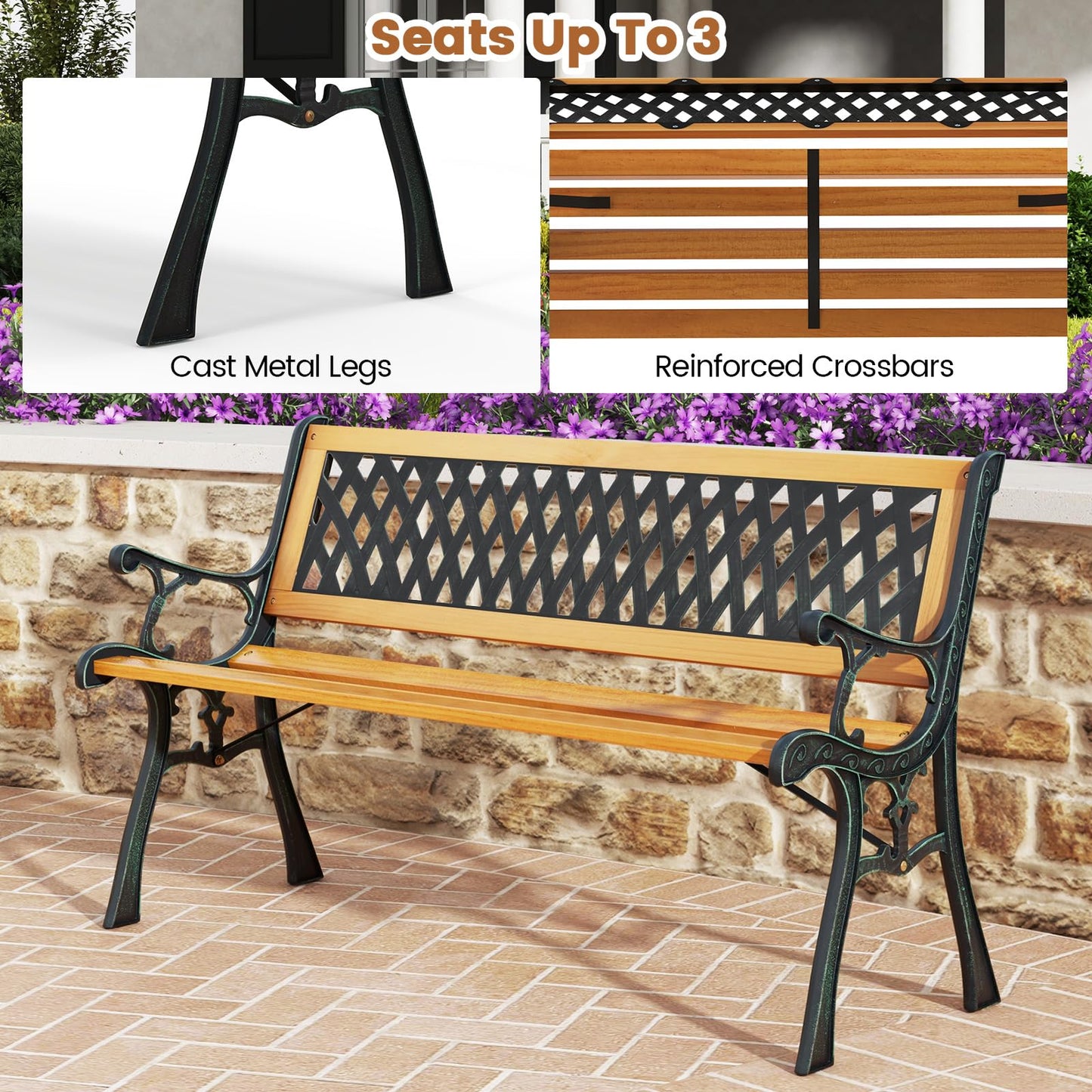 126cm Patio Garden Bench with Curved Armrests and Appealing Back