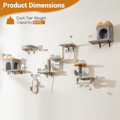 Wall-Mounted Cat Tower Set with 2-Tier Platform and 2 Comfy Cat Condos