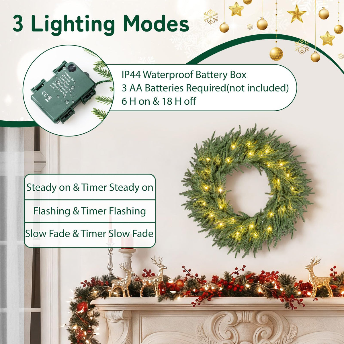 60cm/24inch Pre-Lit Christmas Wreath with LED Lights