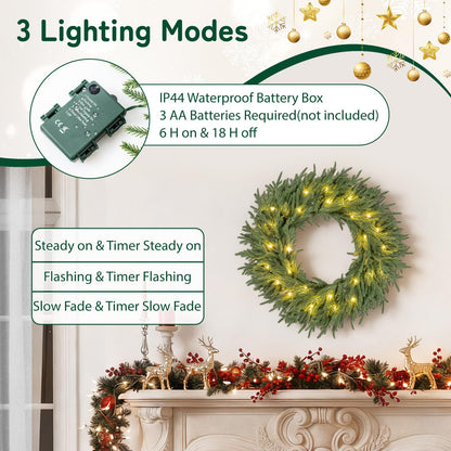 60cm/24inch Pre-Lit Christmas Wreath with LED Lights