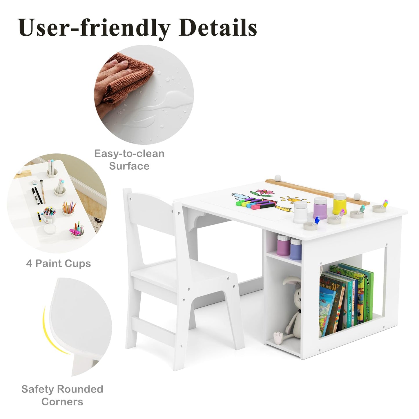 Toddler Craft Play Study Drawing Desk with Paper Roll 4 Paint Cups