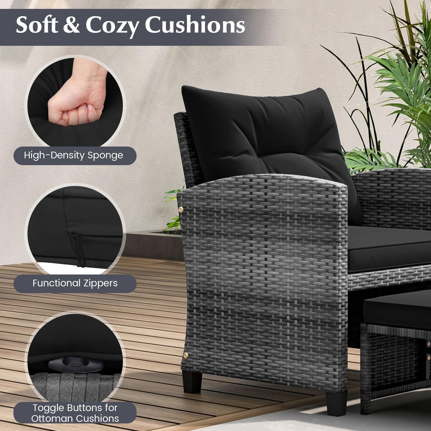 5-Piece Rattan Garden Furniture Set, Patio Conversation Set with 2 Chairs