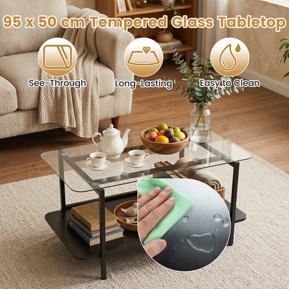 2-Tier Coffee Table, Tempered Glass Center Table with Storage Shelf
