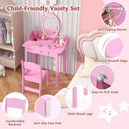 Kids Vanity Set Makeup Beauty Dressing Table and Chair with Lighted Mirror
