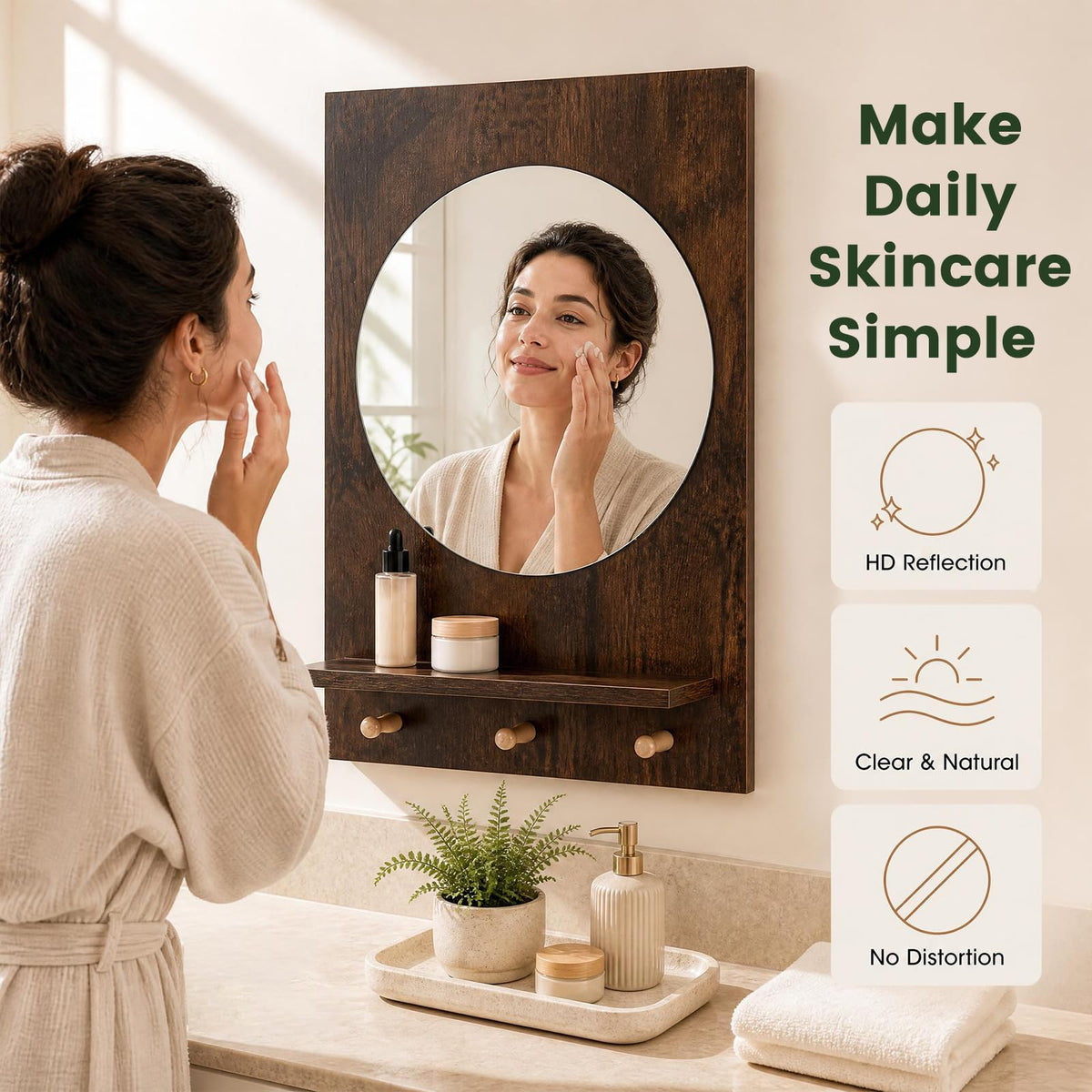 Wall Mirror with Storage Shelf, 3 Hanging Hooks