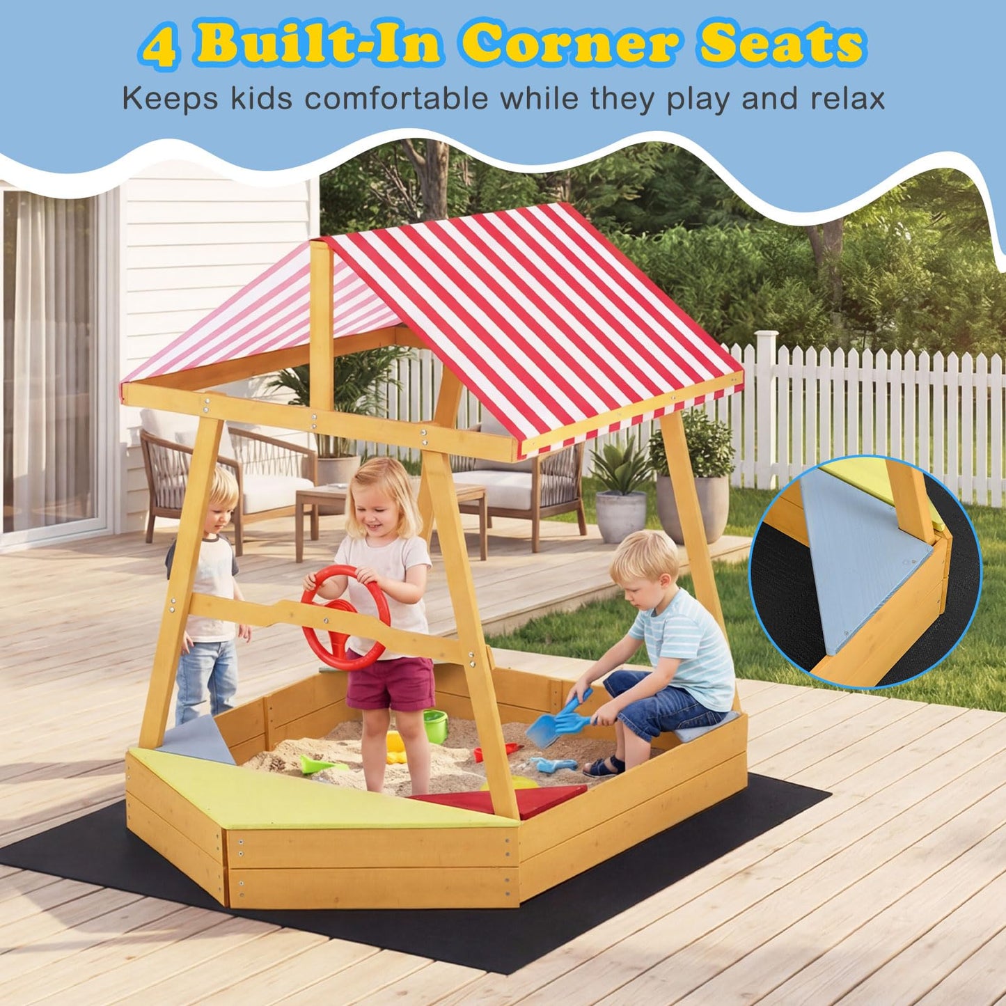 Wooden Kids Sandpit, Ship-Shaped Sandbox Sand Boat with Canopy, 4 Corner Seats