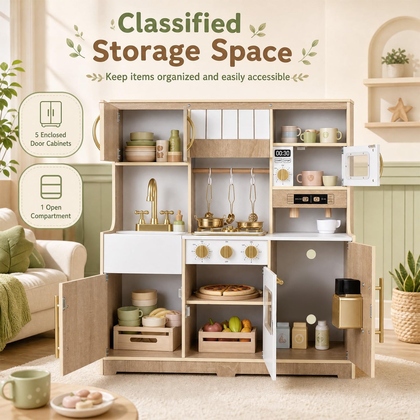 Kids Play Kitchen, Wooden Toy Kitchen with Stoves, Ice Maker, Oven