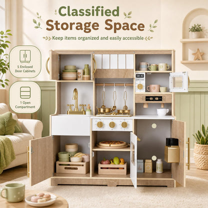 Kids Play Kitchen, Wooden Toy Kitchen with Stoves, Ice Maker, Oven