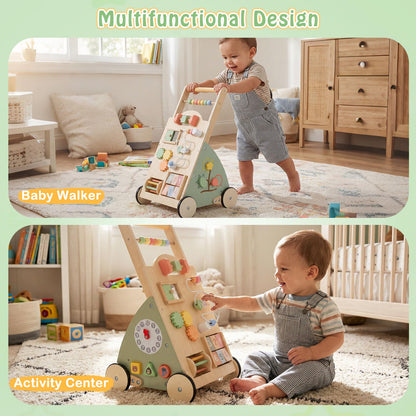 Wooden Baby Walker, 10 in 1 Toddler Push Along Toy with Activity Center