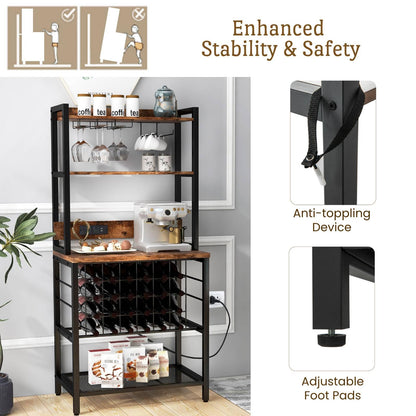 GiantexUK 24 Bottles Wine Rack, 4-Tier Wine Bar Cabinet with Power Outlets, Glass & Cup Holders, Adjustable Feet & Anti-Tipping Device