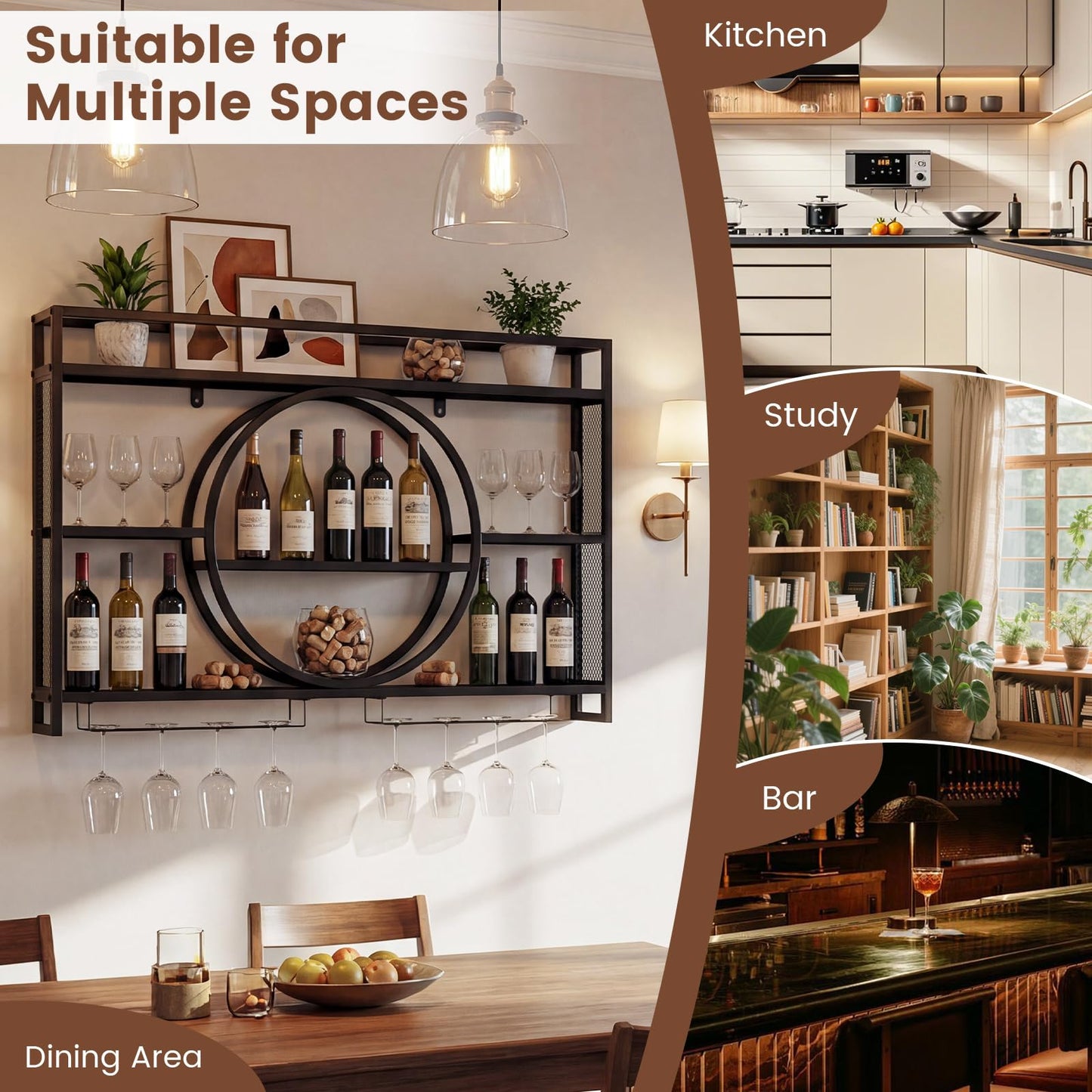 Wall Mounted Wine Rack, 5-Tier Hanging Bar Shelves with Glass Holder