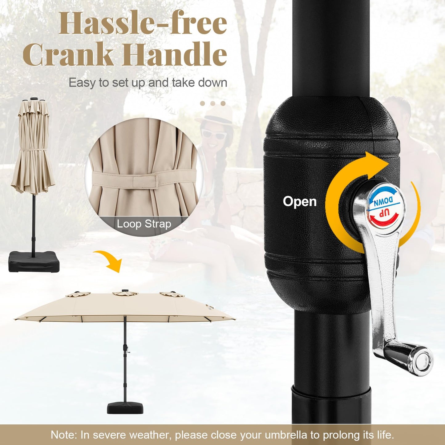 Double-Side Garden Parasol, Sun Shade Umbrella with Solar Powered LED Lights, Base & Crank System