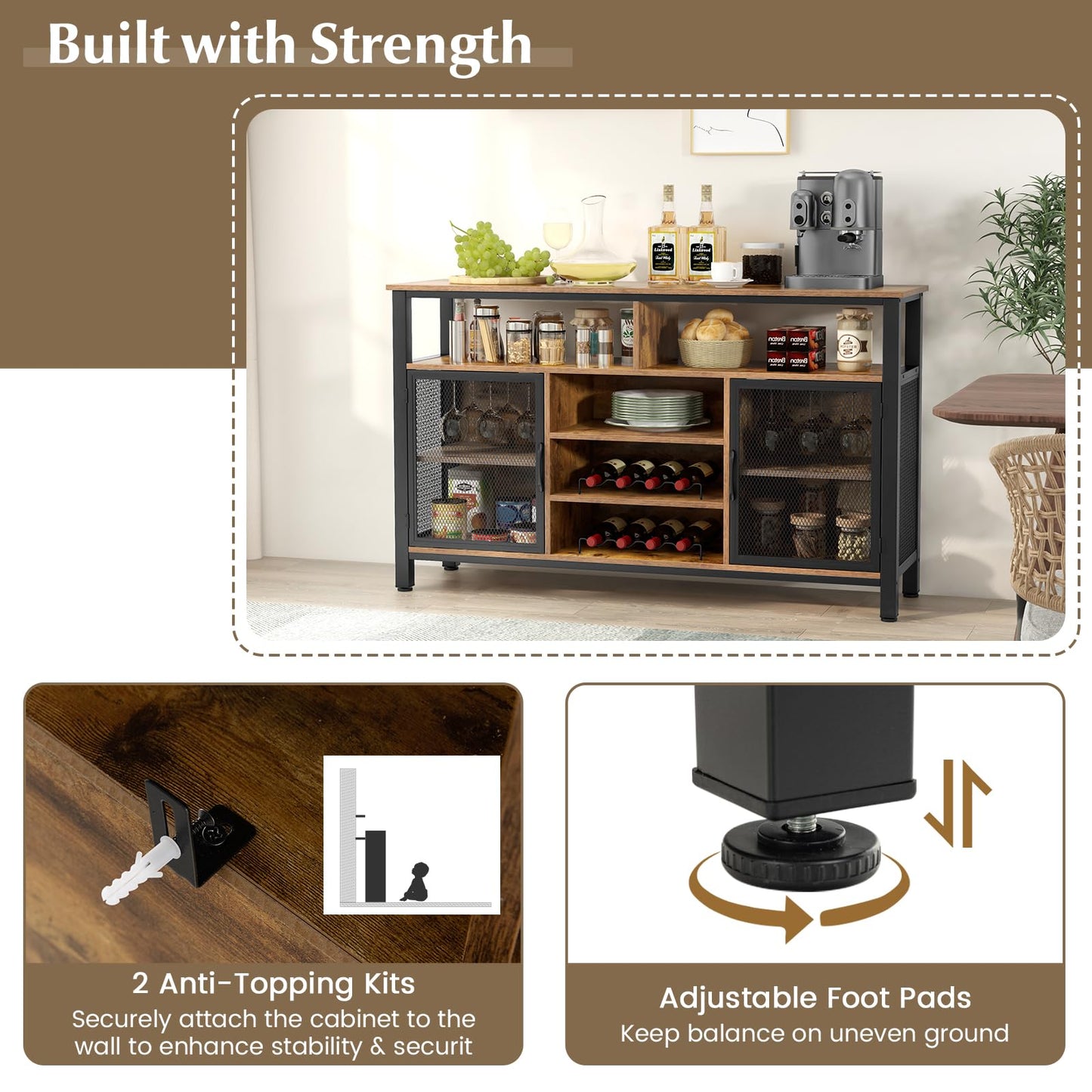 GiantexUK Kitchen Storage Cabinet, Wooden Buffet Sideboard with Wine Racks, Glass Holders, Metal Mesh Doors & Shelves