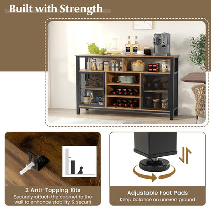GiantexUK Kitchen Storage Cabinet, Wooden Buffet Sideboard with Wine Racks, Glass Holders, Metal Mesh Doors & Shelves