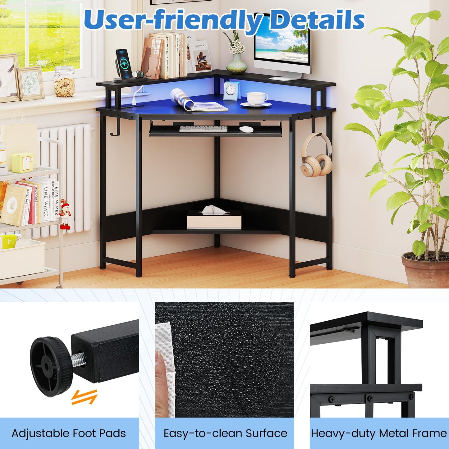 Computer Corner Desk with LED Charging Station and Monitor Stand