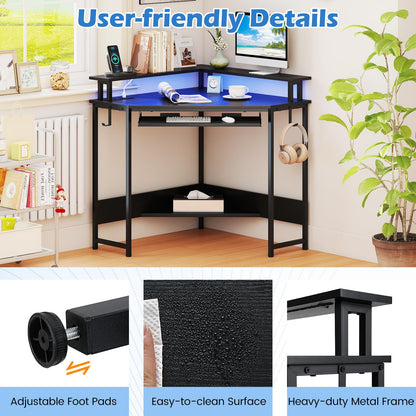 Computer Corner Desk with LED Charging Station and Monitor Stand