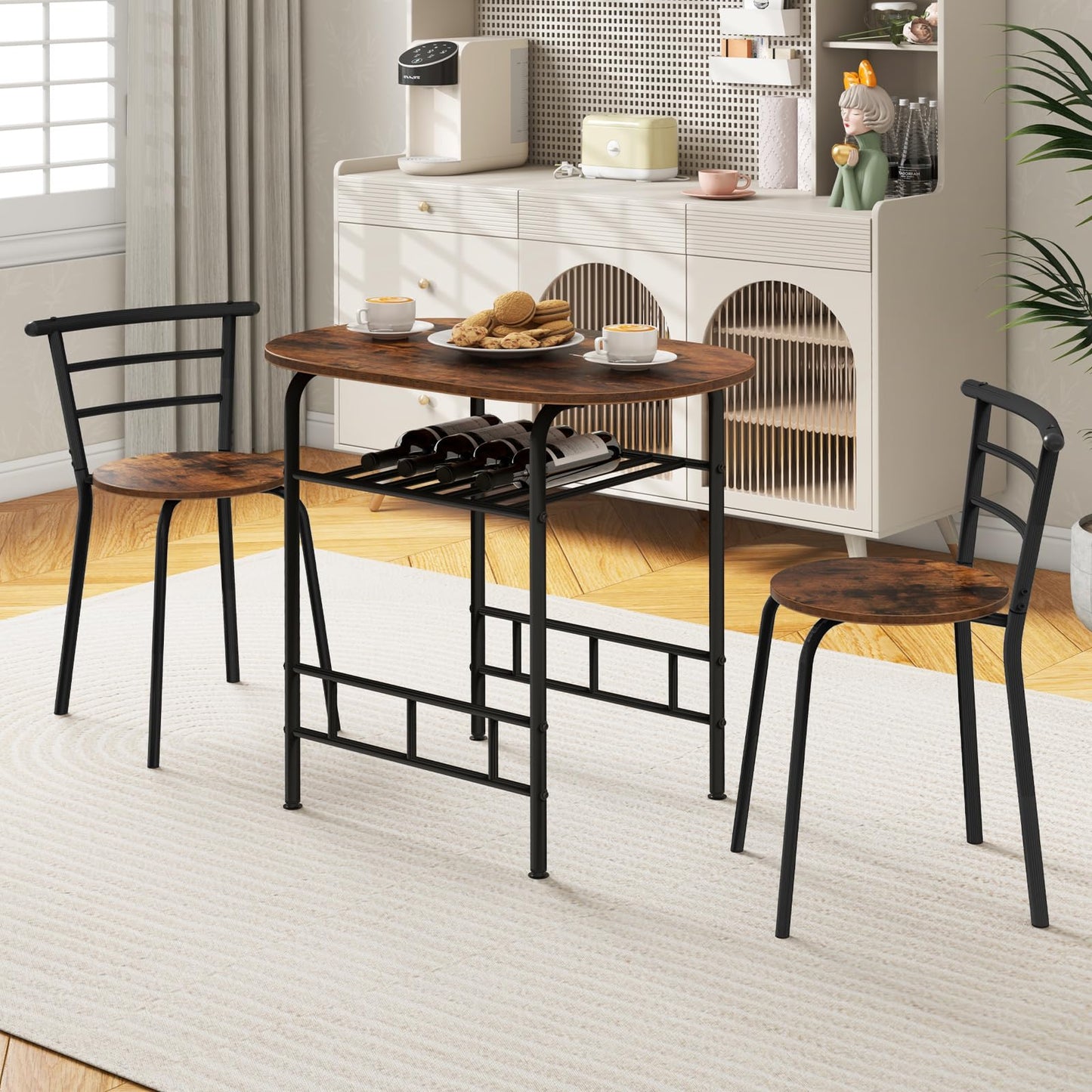 3-Piece Dining Table Set with Extra Wine Rack and Metal Frame