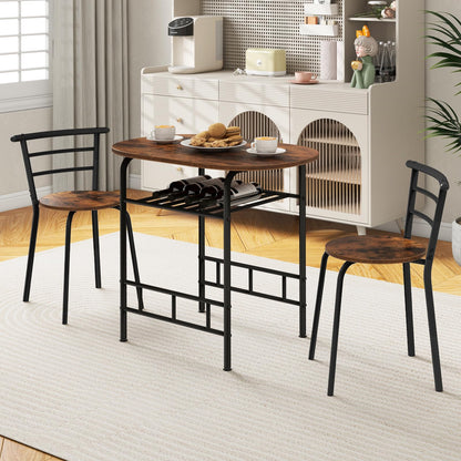 3-Piece Dining Table Set with Extra Wine Rack and Metal Frame