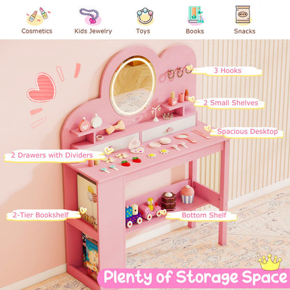 Kids Vanity with Lights Princess Vanity Table and Chair Set with 2 Drawers