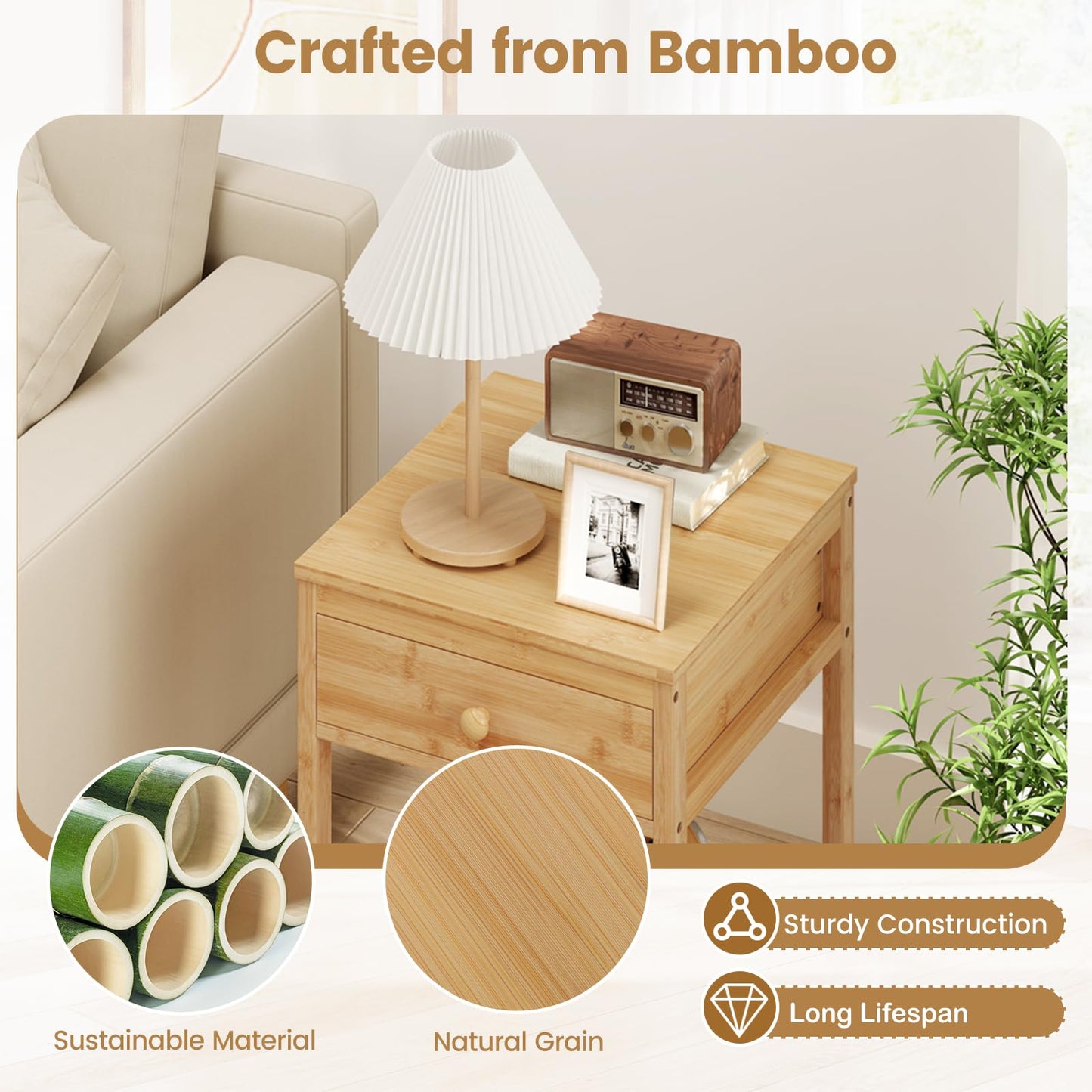Bamboo Nightstand Sofa Side End Table with Drawer and Open Storage Shelf