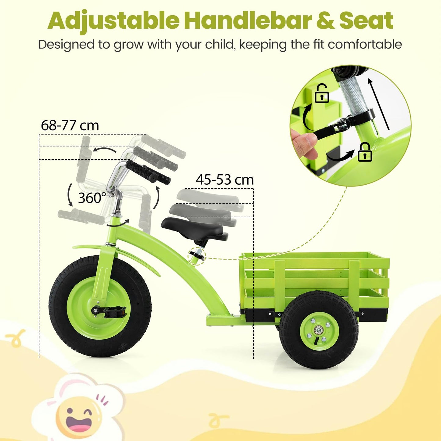Kids Tricycle ( 121 x 57 x 68-77cm, with Storage Basket) | Carbon Steel Toddler Trike with Inflatable Rubber Tires