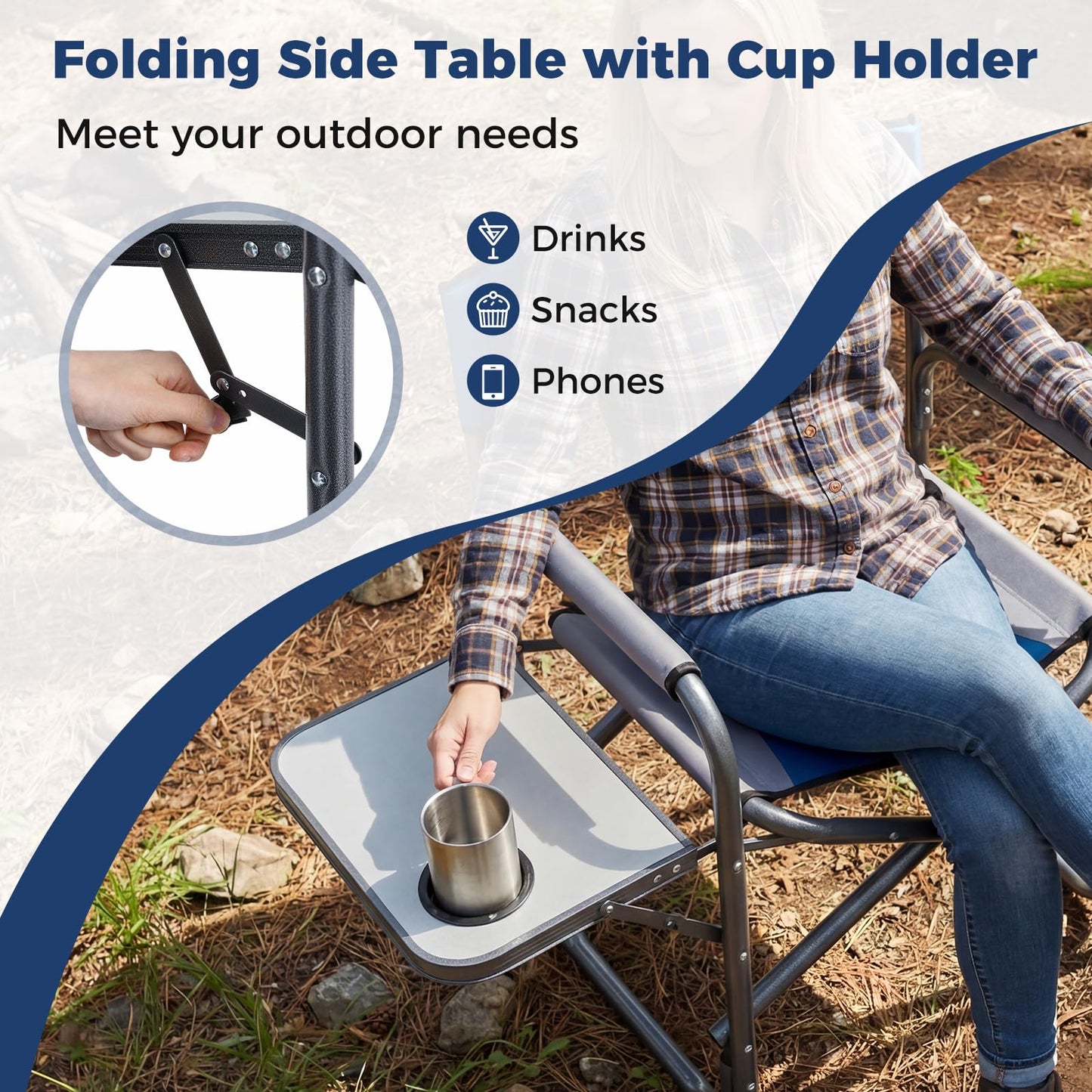 Folding Directors Chair, Oversized Camping Chairs with Side Table and Cup Holder