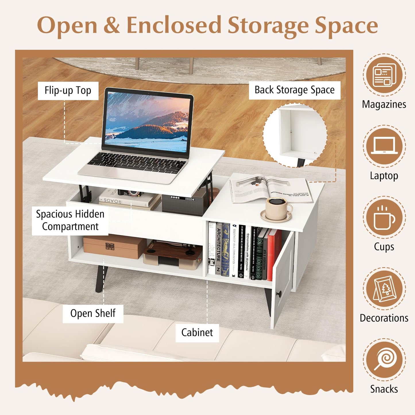 Wooden Lift Up Top Coffee Table with Hidden Storage Compartment