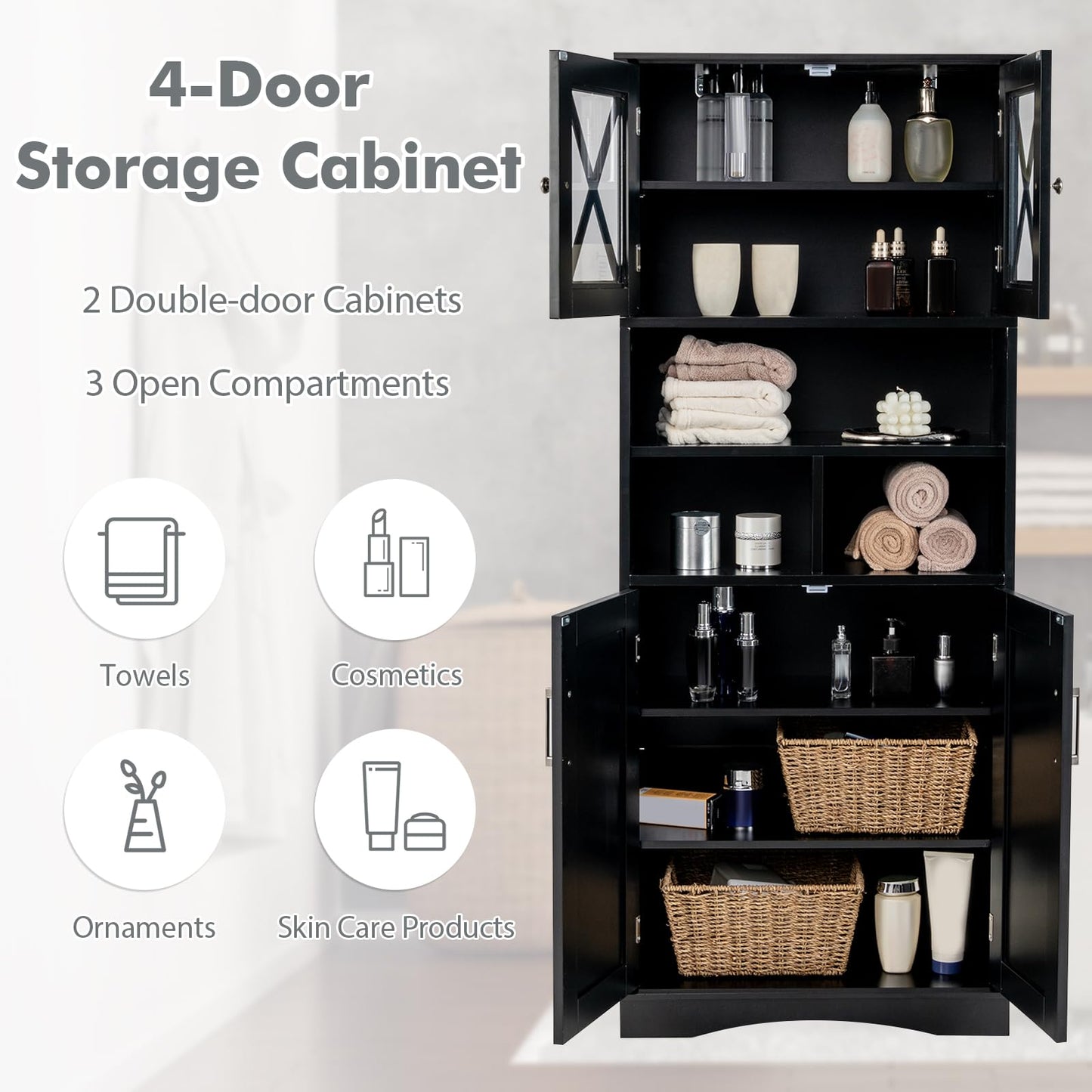 Freestanding Storage Cupboard with Open/Adjustable Shelves and Doors