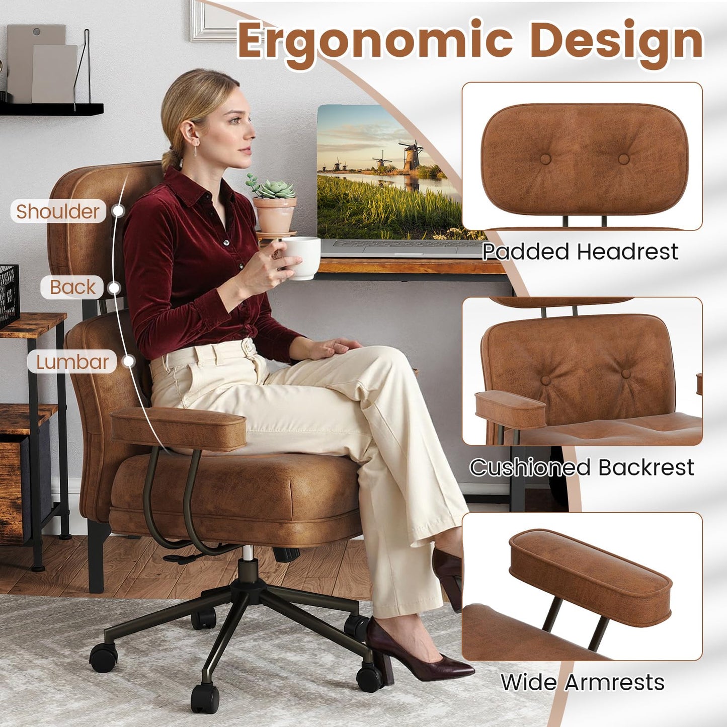 Ergonomic Home Office Chair Mid Century Modern Computer Desk Chair with Wide Tufted Seat