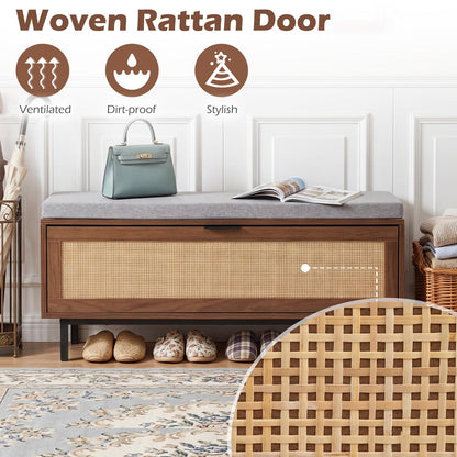 Shoe Storage Bench with Cushion and Flip-Down Rattan Door, Brow