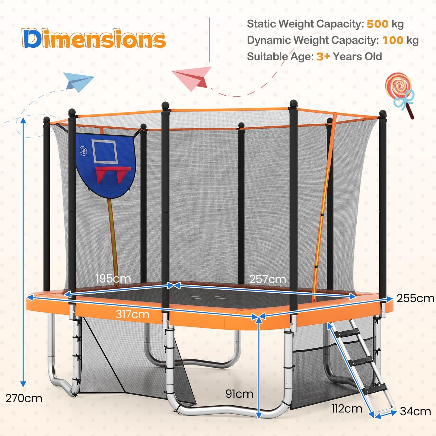 Rectangle Outdoor Trampoline 317 x 255 cm Backyard Trampoline