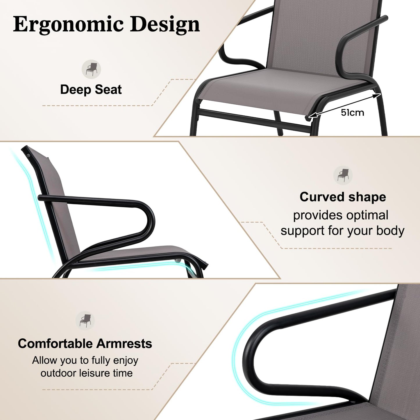 Outdoor Dining Chairs Set of 2 with Breathable Backrest & Seat and Armrests