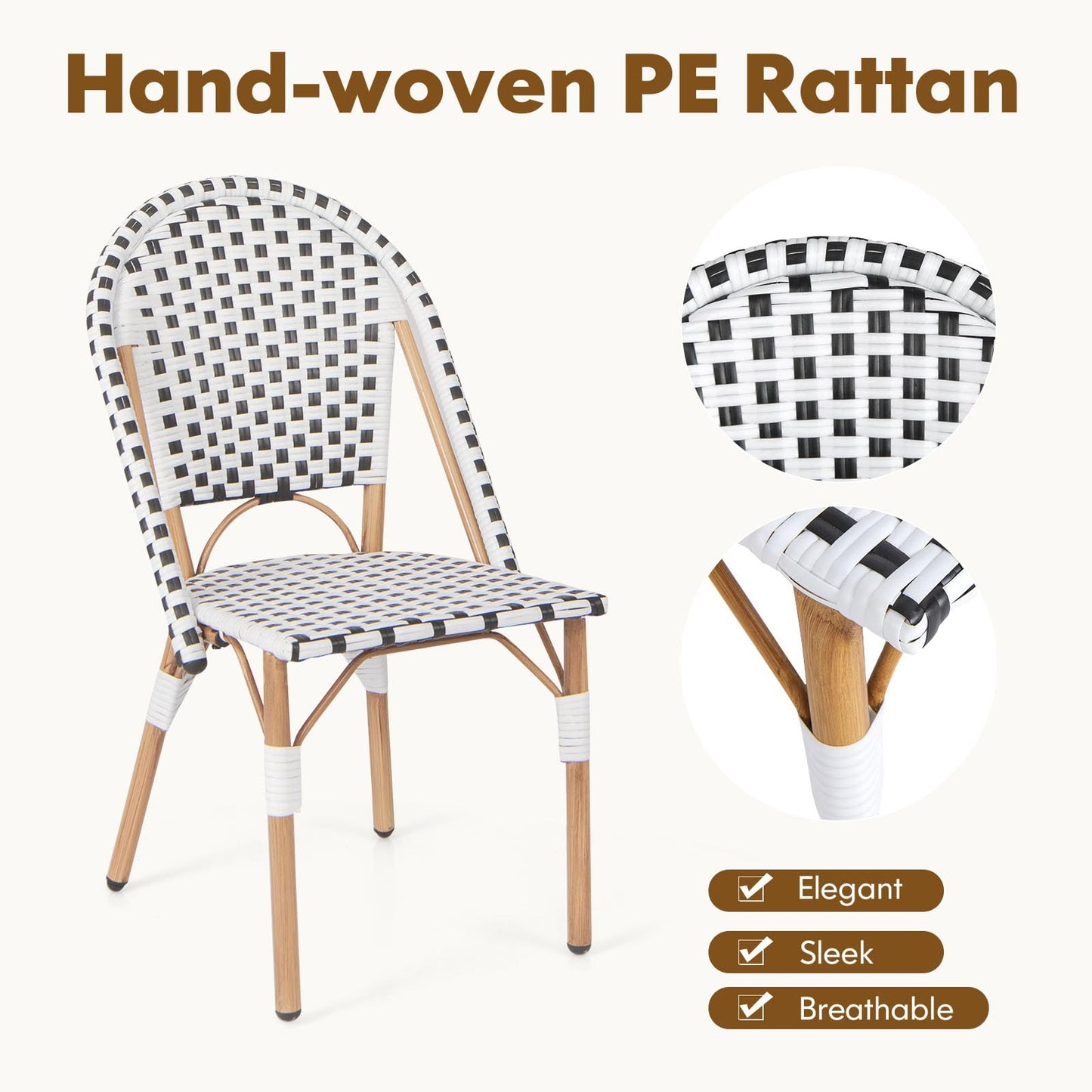 GiantexUK Rattan Outdoor Set of 2 Metal Frame Garden Chairs with Backrest & Adjustable Foot Pads