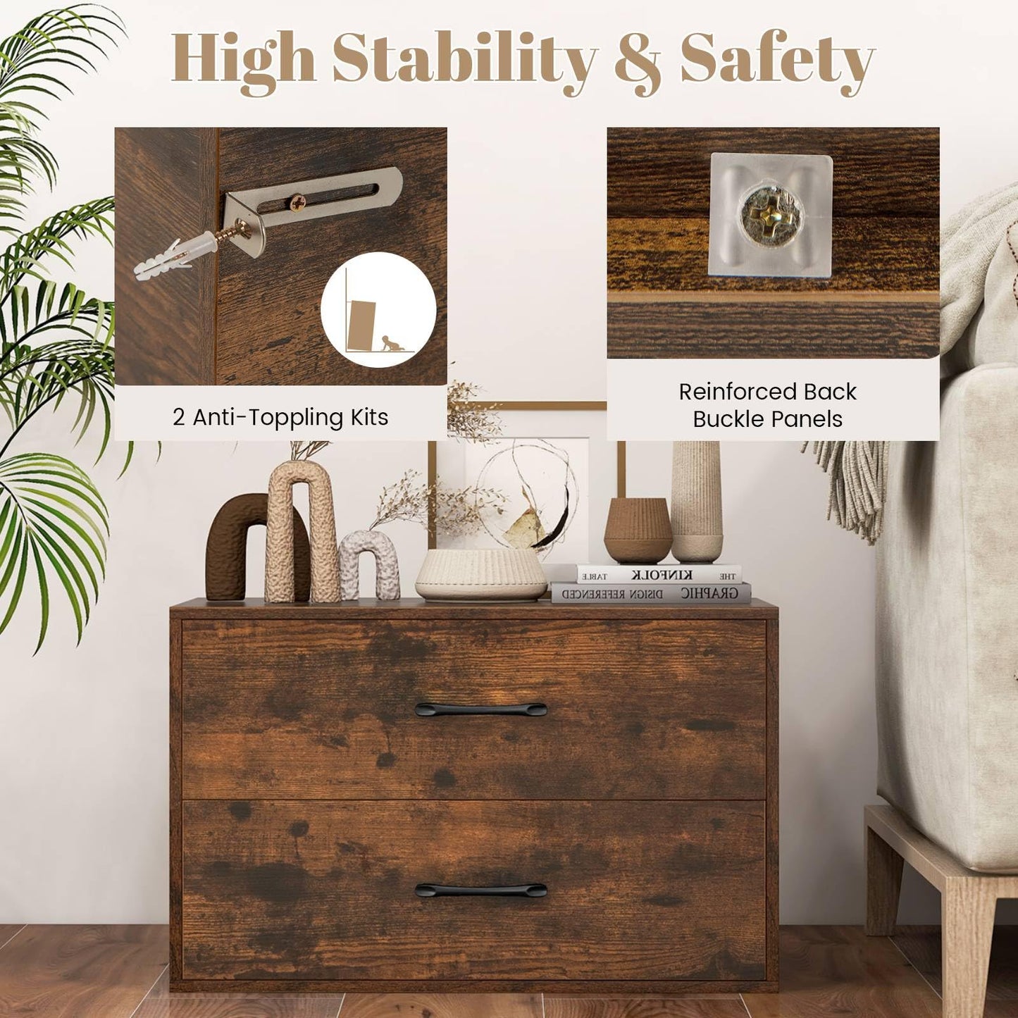 Stackable 2-Drawer Dresser with Anti-scratch Pads and Anti-tipping Devices