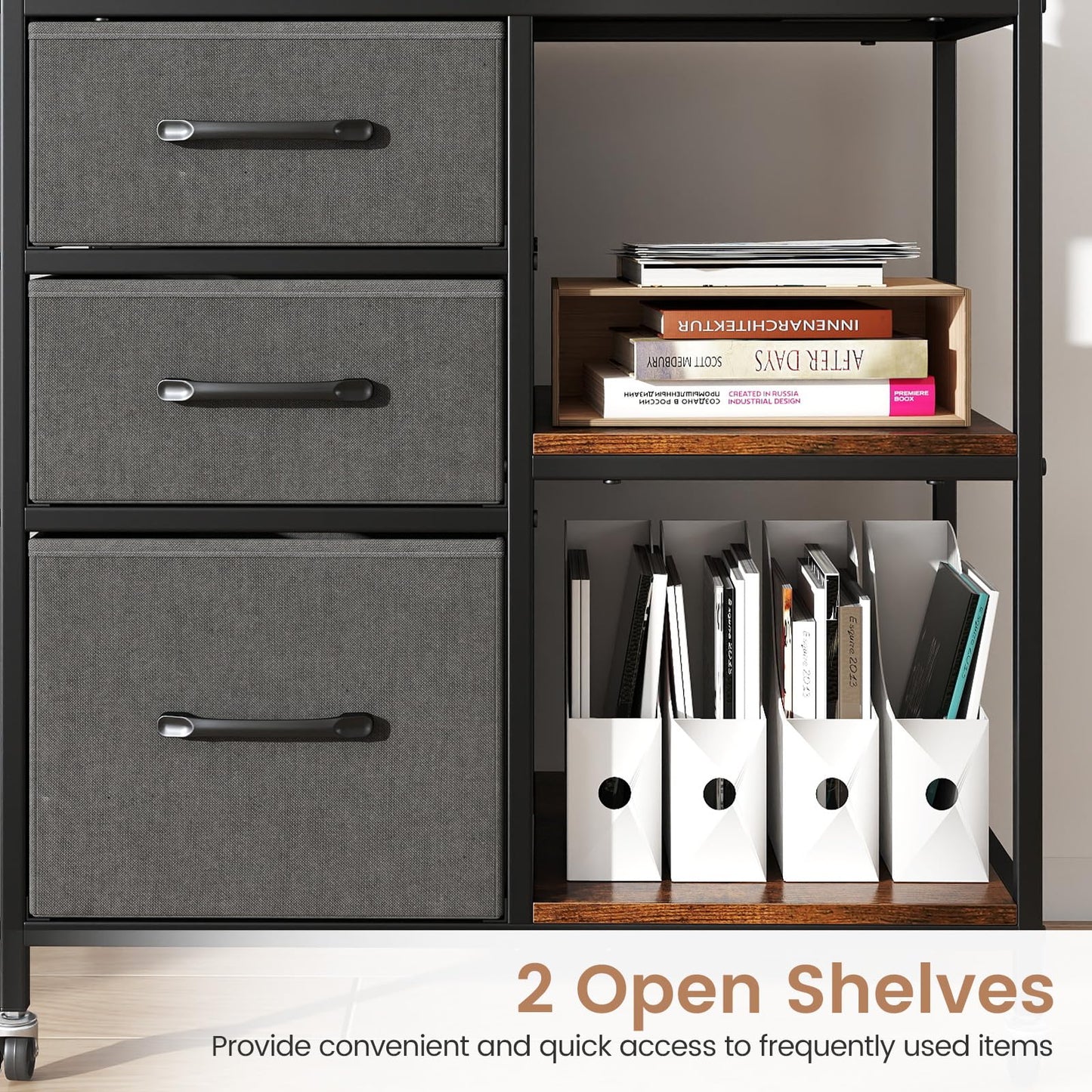 3-Drawer Mobile File Cabinet, Lateral Stationery Wooden Storage Cabinet