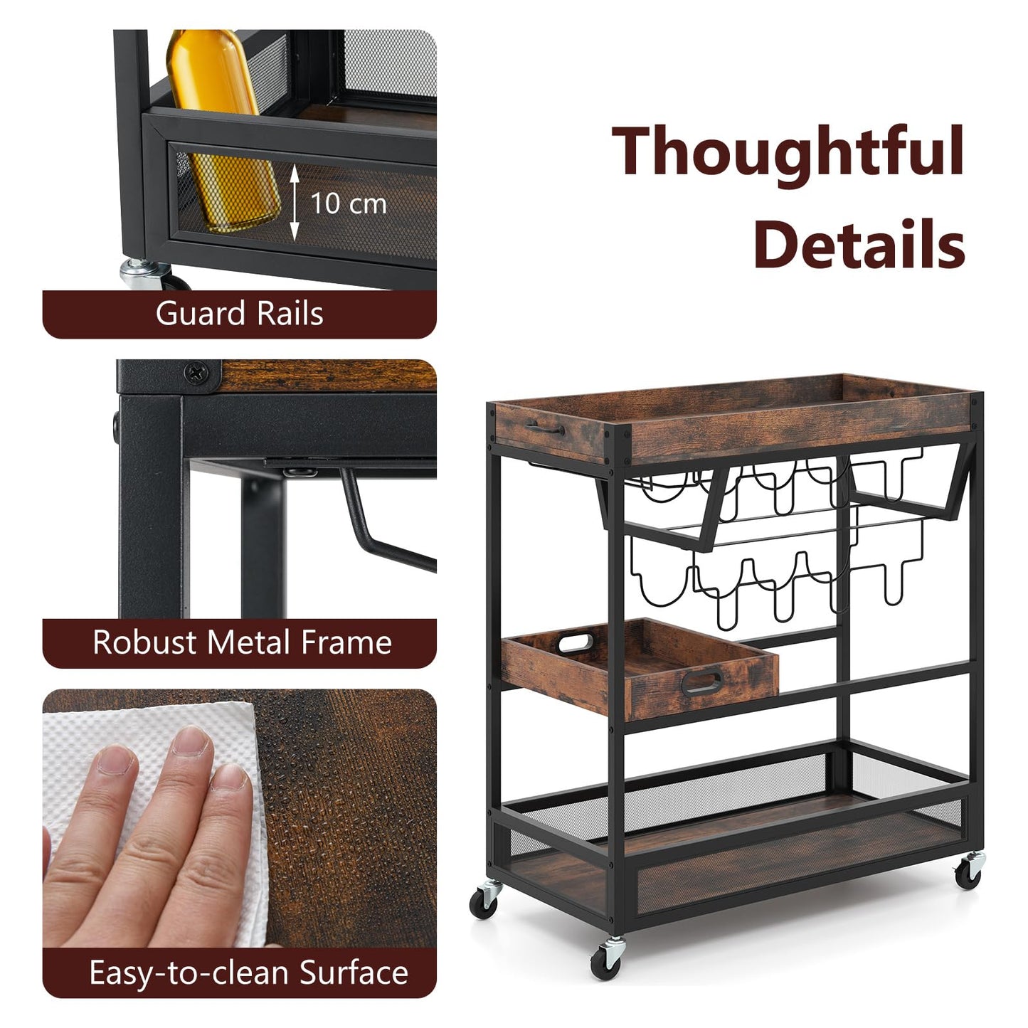 Kitchen Serving Cart with Removable Tray and Wine Rack