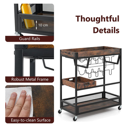 Kitchen Serving Cart with Removable Tray and Wine Rack