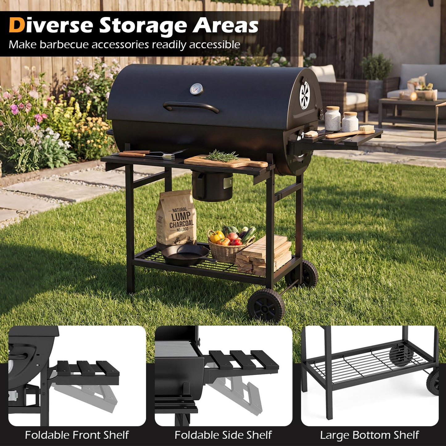 Charcoal BBQ Grill, Garden Barbecue Trolley with Wheels