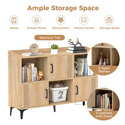 Sideboard Storage Cabinet Bookcase with 3 Doors and Open Compartments