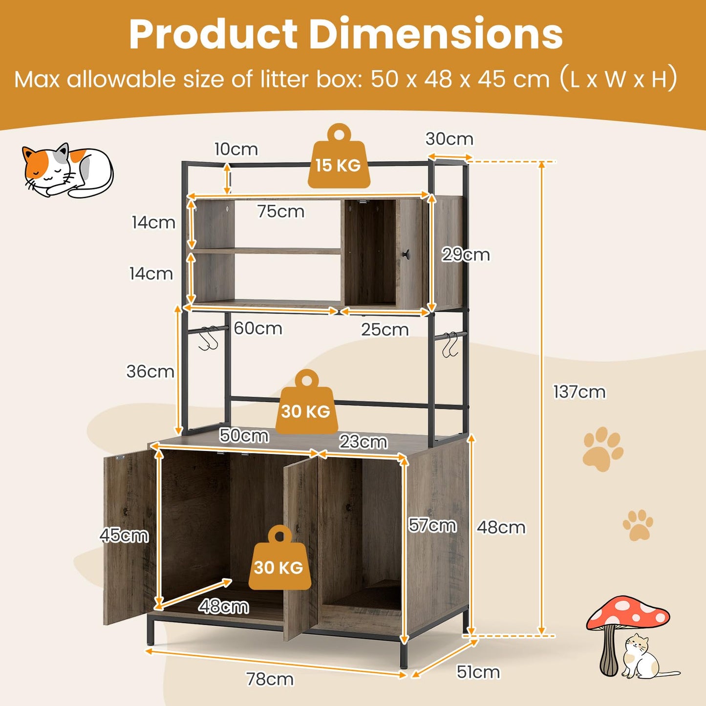 Cat Litter Box Enclosure, Hidden Cats Washroom Furniture with Storage Shelves