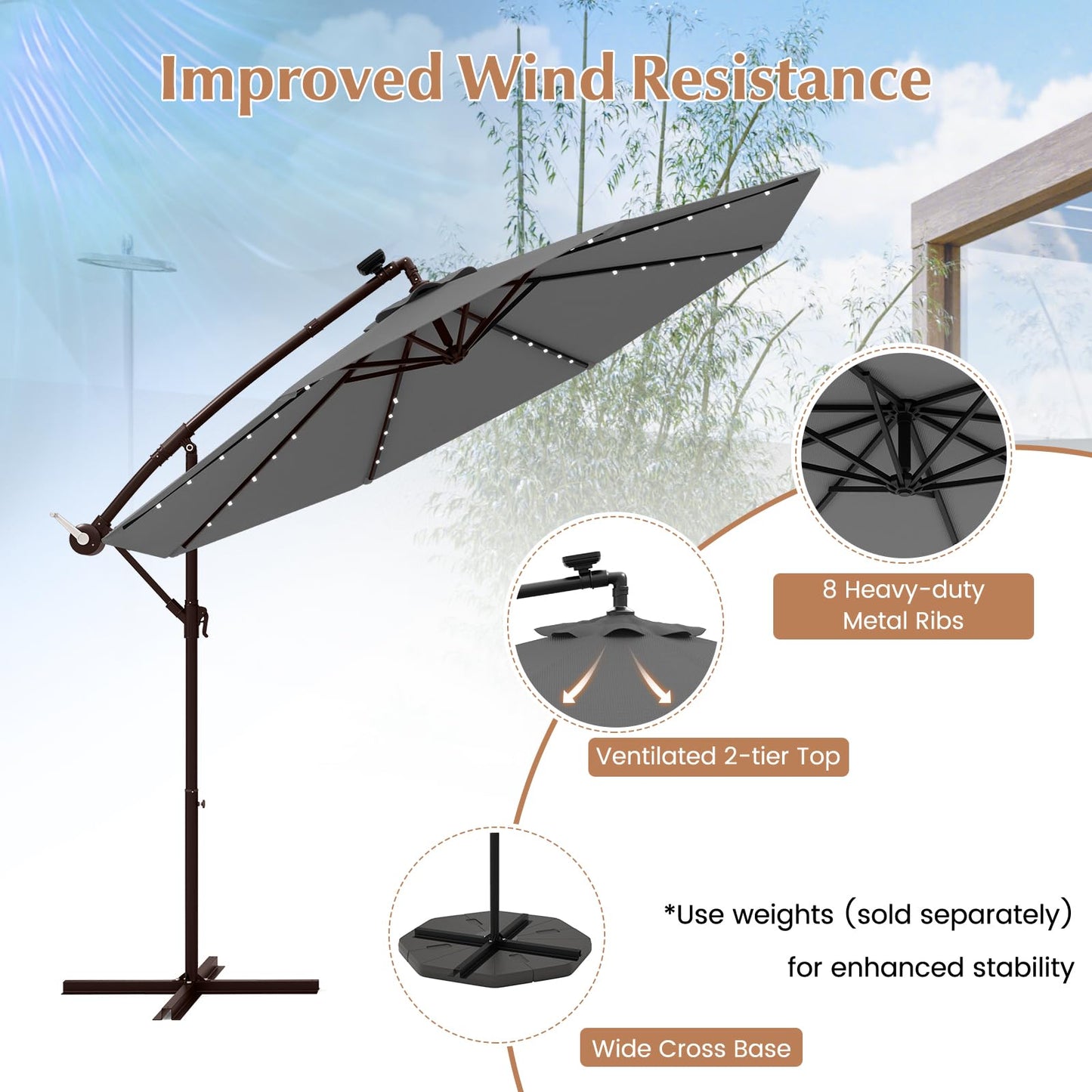 294 cm Solar Patio Offset Umbrella Cantilever Umbrella with 40 LED Lights
