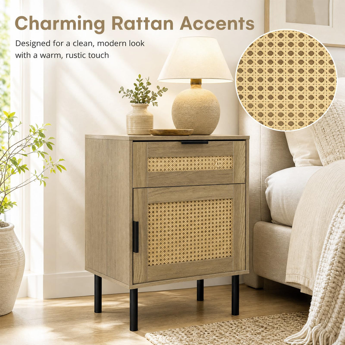 Rattan Bedside Table, End Sofa Side Table with Drawer
