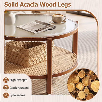 Rattan Coffee Table with Tempered Glass Top for Living Room