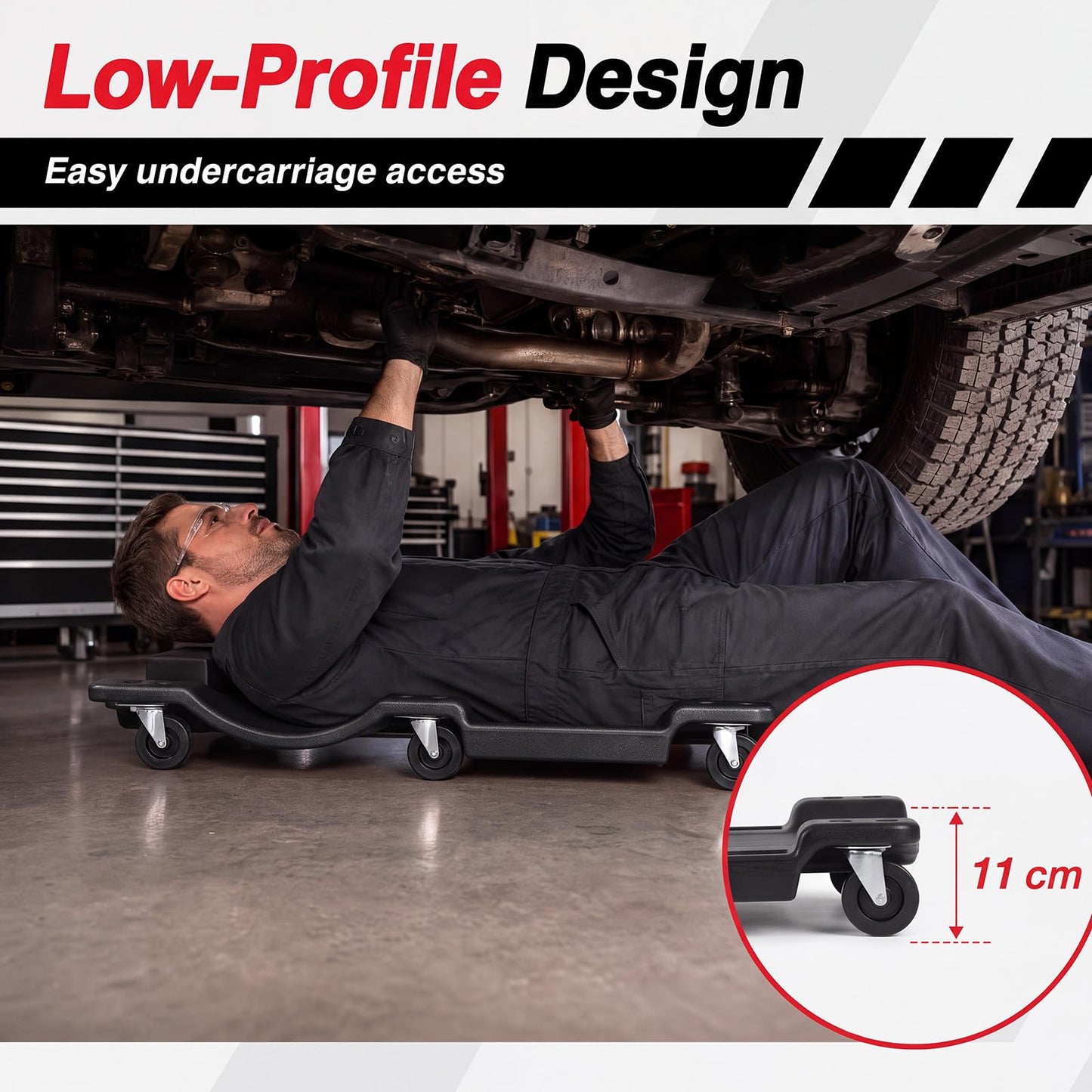 36/40 Inch Mechanic Creeper with Padded Headrest & 2 Tool Trays