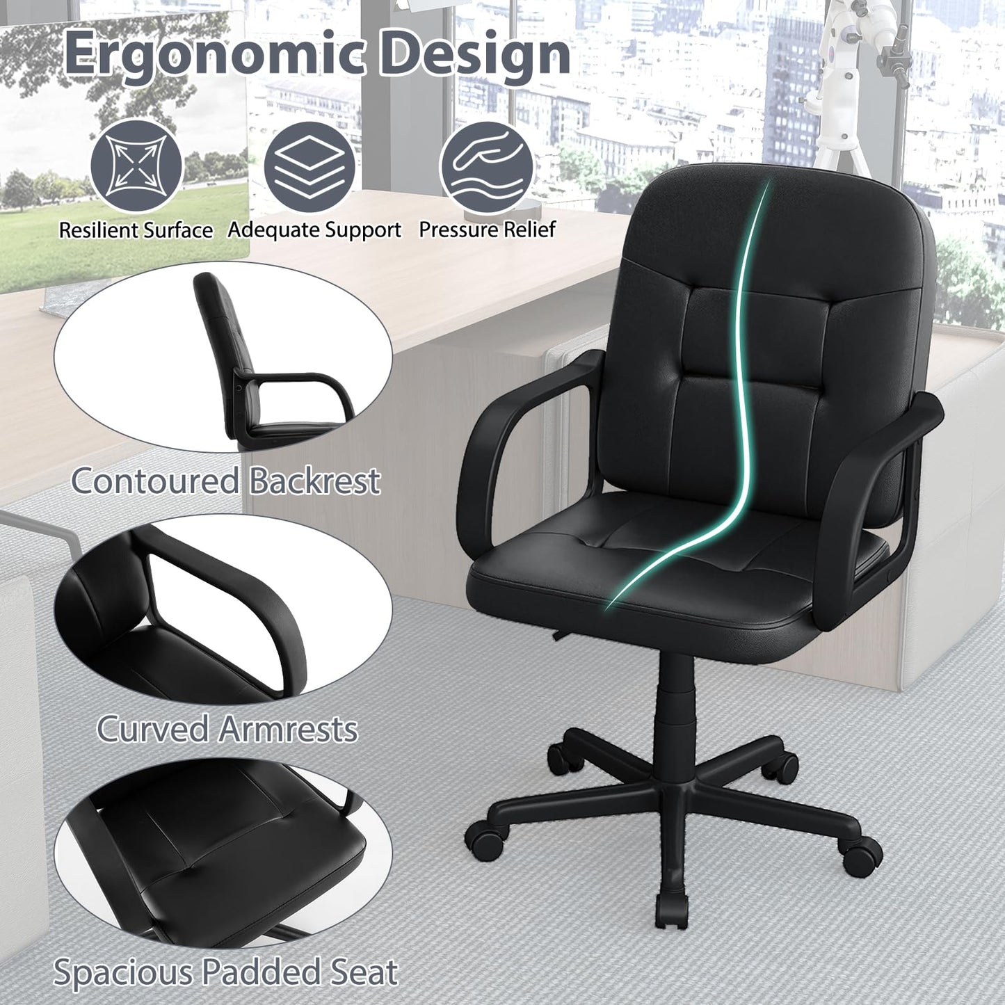 Leather Office Chair PU Upholstered Swivel Chair with Ergonomic Back and Curved Armrests