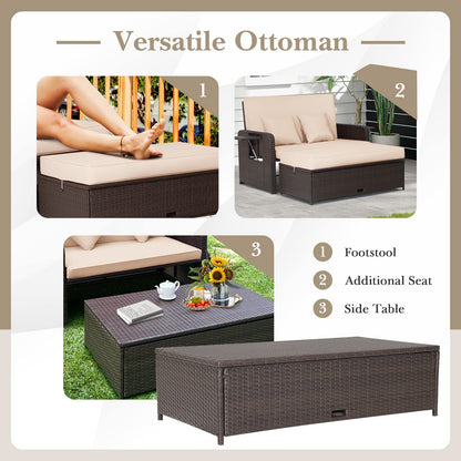 4-Level Adjustable Patio Wicker Loveseat Sofa Bed Sun Lounger with Storage Ottoman